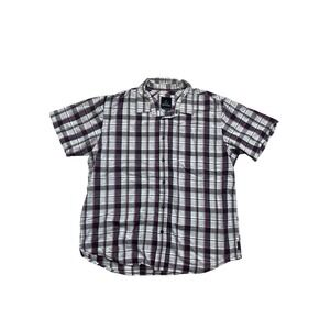 Prana Mens XL Short Sleeve Button Down Plaid Shirt Purple Grey White Casual Top